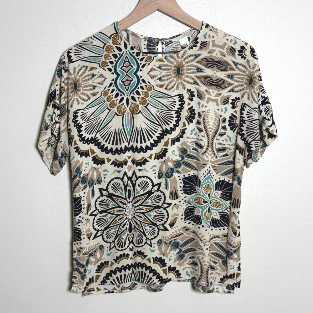 H&M Womens Viscose Blouse 4 Cream Teal Medallion Geometric Career Office Boho